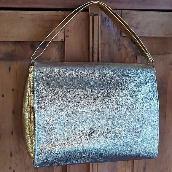 1960s Vintage Retro Gold/Silver Foil Convertible Vinyl Handbag Adjustable Strap - Picture 3 of 15